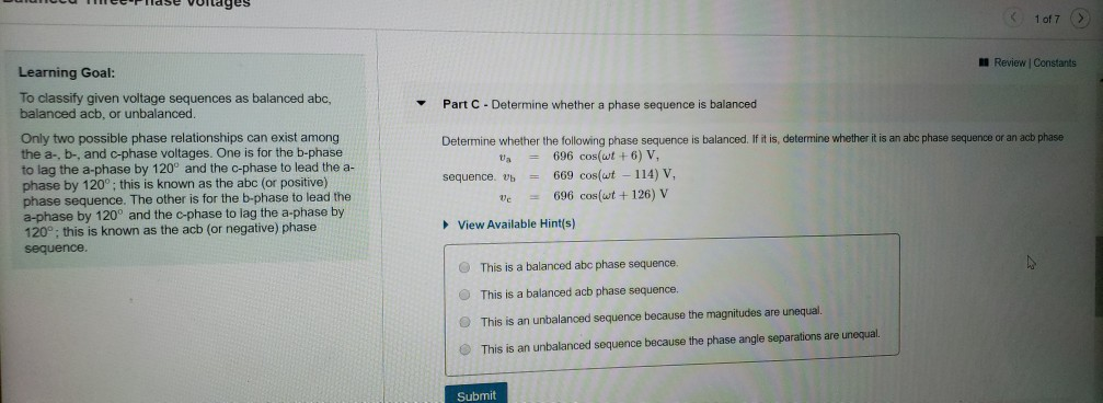 Solved Balanced Three-Phase Voltages Review Constants Part | Chegg.com