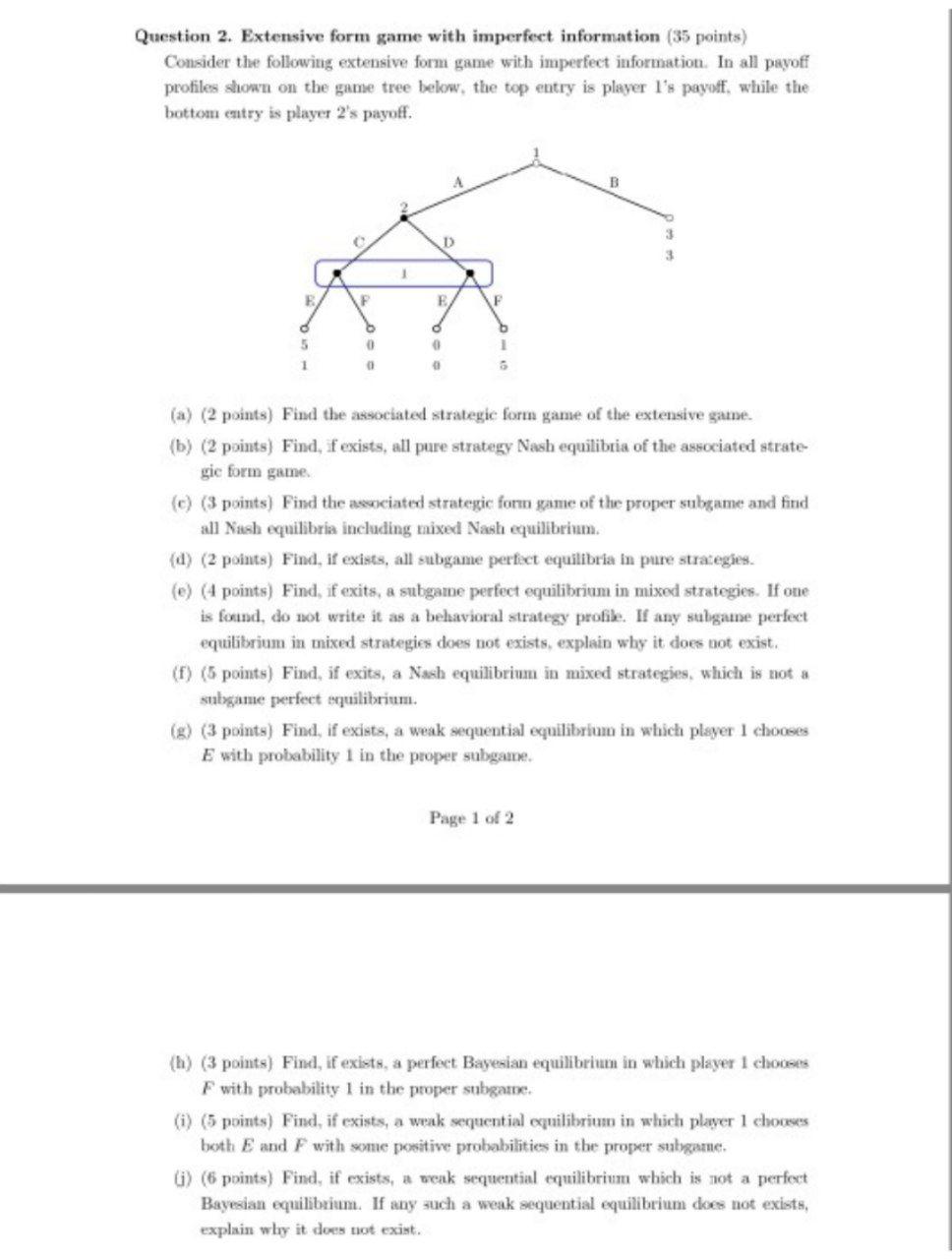 Question 2. Extensive form game with imperfect | Chegg.com