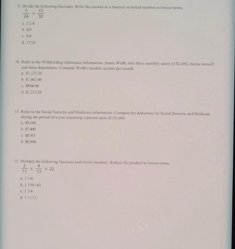 Solved 9. Divide the following fractions. Write the answer | Chegg.com