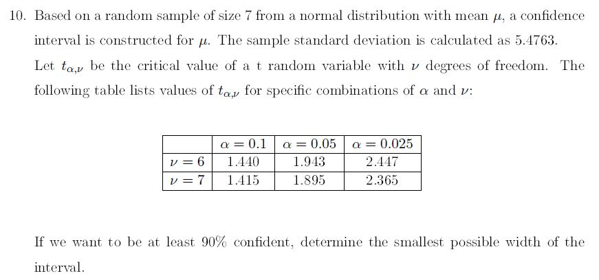 Solved 10. Based on a random sample of size 7 from a normal | Chegg.com