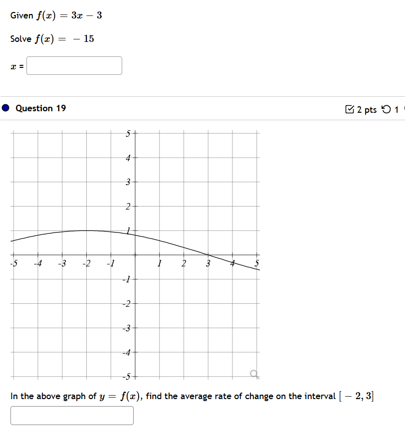 Solved Given F(x) = 3x - 3 Solve F(x) = - 15 X = Question 19 | Chegg.com