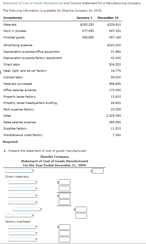 Statement of Cost of Goods Manufactured and Income | Chegg.com