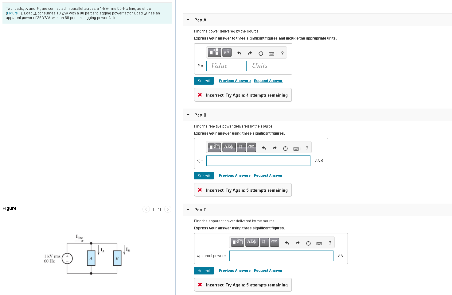 Solved Two Loads, A And B, Are Connected In Parallel Across | Chegg.com