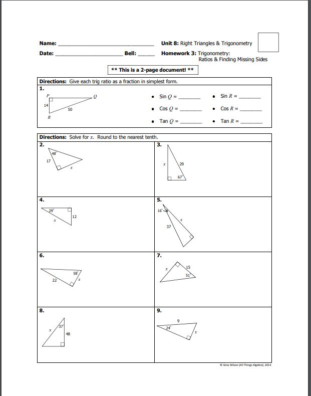 Unit 8 Right Triangles And Trigonometry Answers Gina Wilson 2014