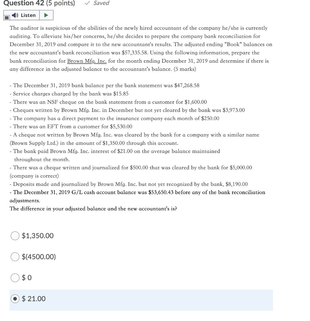 Solved Question 42 (5 Points) Saved 1) Listen The Auditor 