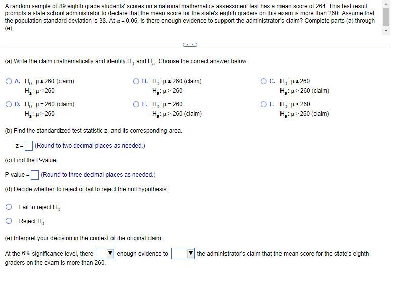 Solved A random sample of 89 eighth grade students' scores | Chegg.com