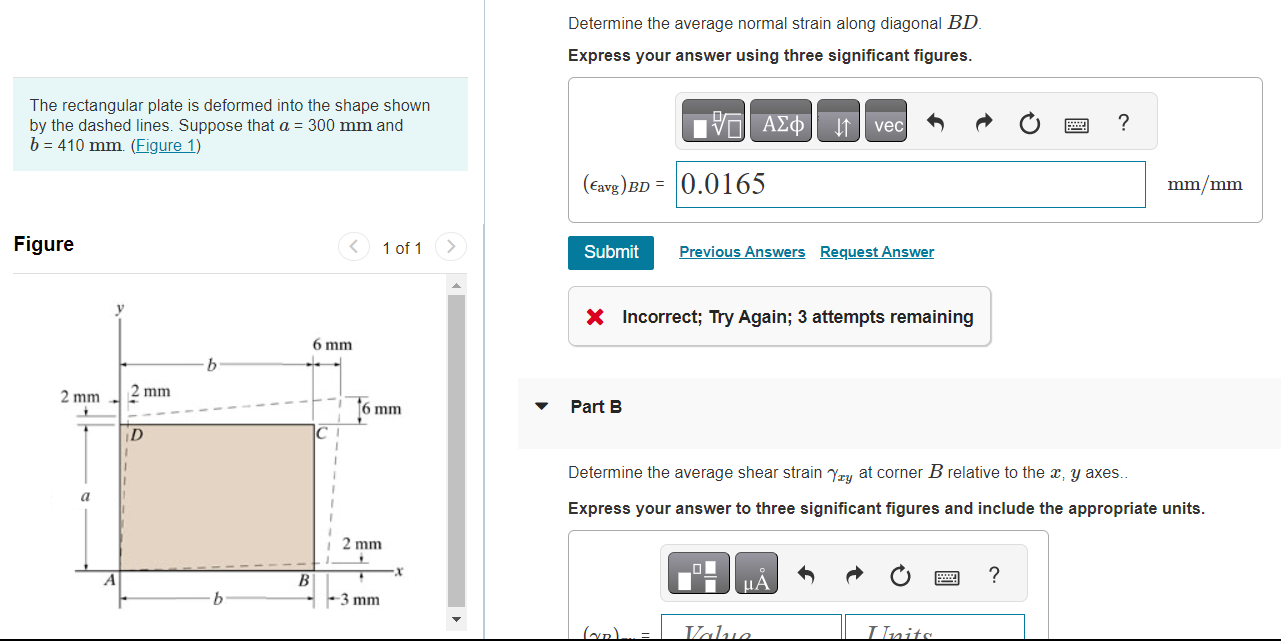 Solved Determine the average normal strain along diagonal | Chegg.com