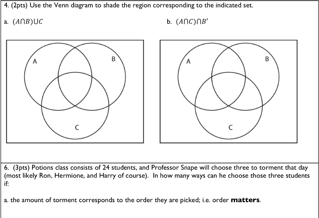 Solved 4. (2pts) Use the Venn diagram to shade the region | Chegg.com