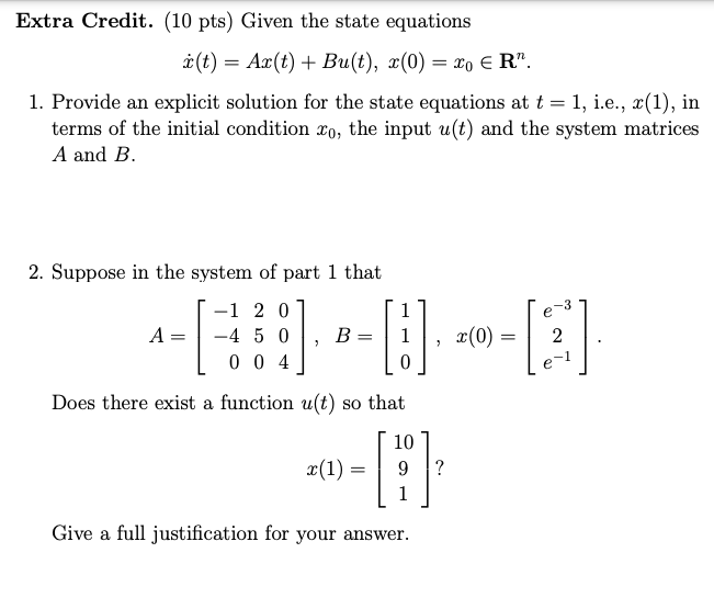 Solved Extra Credit 10 Pts Given The State Equations A Chegg Com
