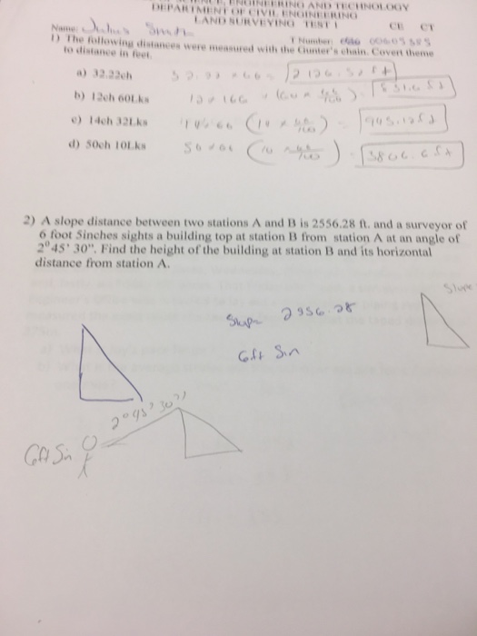 Solved DEPARIMENT O CIVIL ENGINEERING LAND SURVEYINO TEST CE | Chegg.com