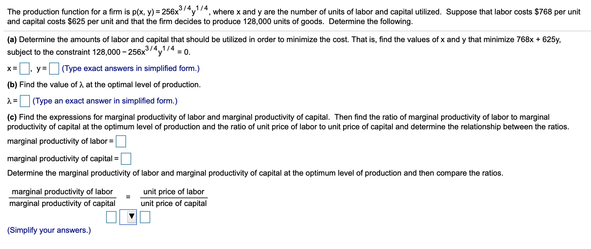 Solved 3/4, 1/4 The production function for a firm is p(x, | Chegg.com