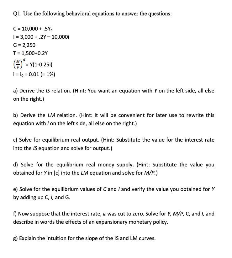 Solved Q1. Use the following behavioral equations to answer | Chegg.com
