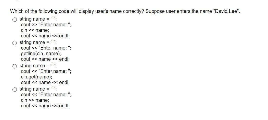 Solved Which of the following code will display user's name | Chegg.com