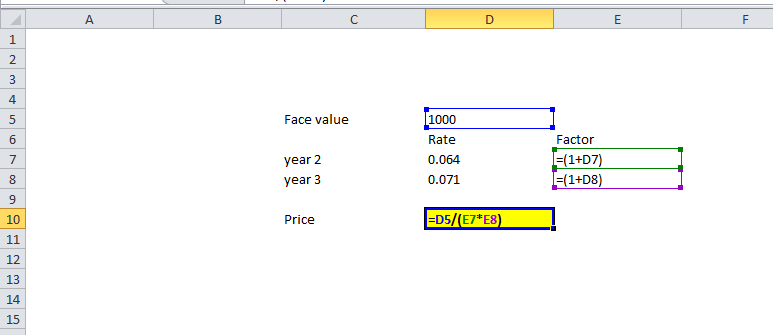 BC DEF Face value 1000 Rate 0.064 0.071 year 2 year 3 Factor I=(1+07) (1+08) Price =D5/(E7*E8)