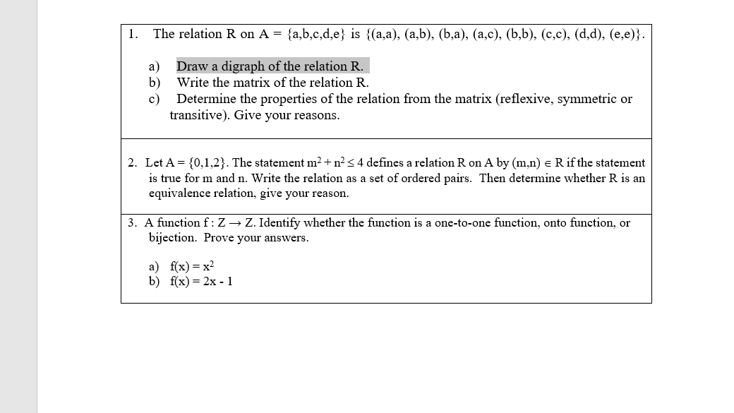 Solved 1. The Relation R On A = {a,b,c,d,e) Is {(a,a), | Chegg.com