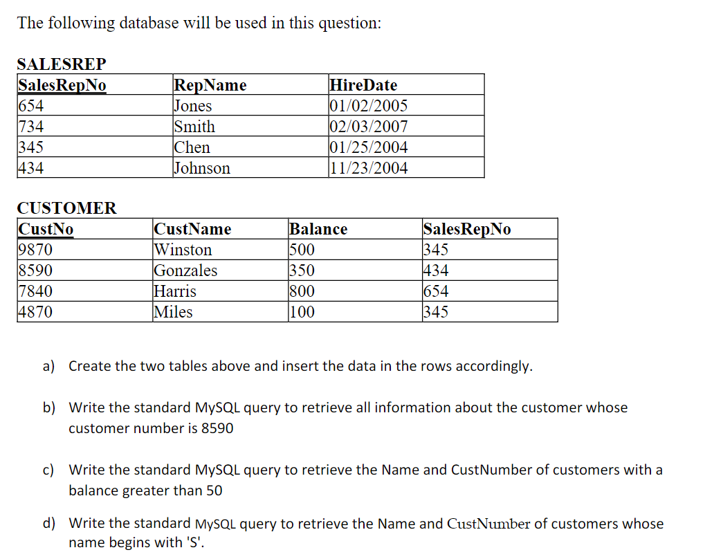 Solved The following database will be used in this question: | Chegg.com