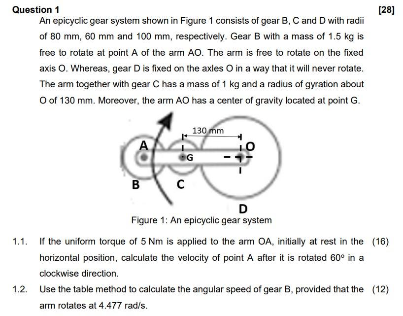 Solved Question 1 [28] An epicyclic gear system shown in | Chegg.com