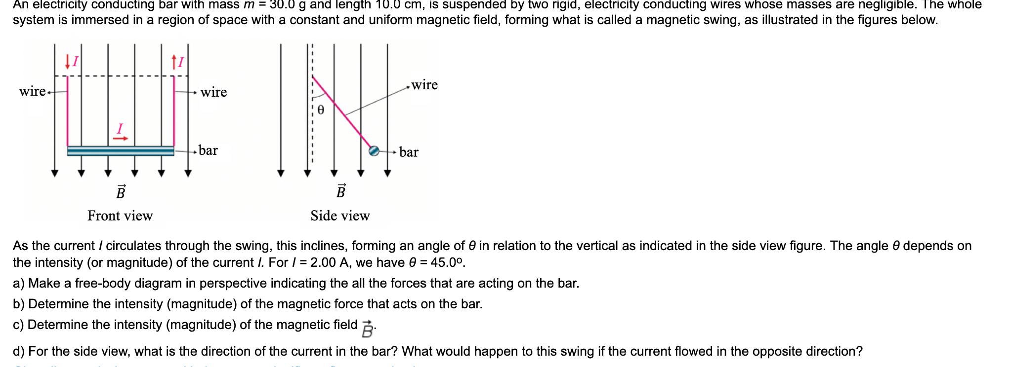 Solved An electricity conducting bar with mass m = 30.0 g | Chegg.com