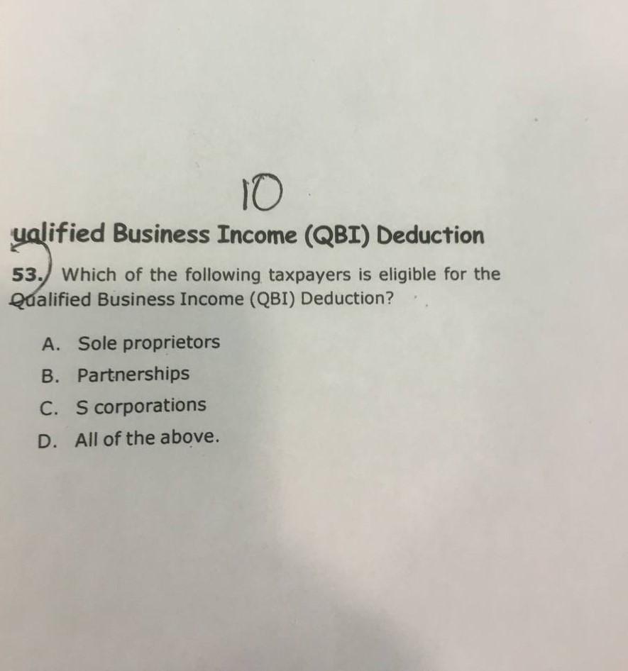 Solved Yalified Business Income Qbi Deduction 53 Which Of