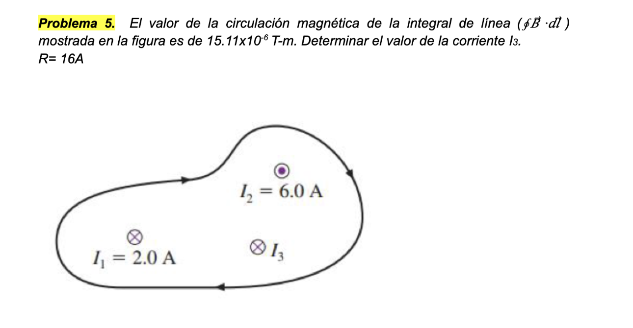 Problema 5. El valor de la circulación magnética de la integral de línea \( (\oint \vec{B} \cdot d l) \) mostrada en la figur