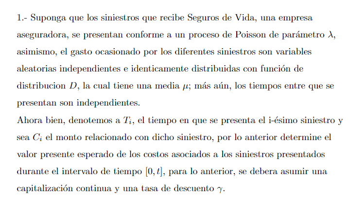 1.- Suponga que los siniestros que recibe Seguros de Vida, una empresa aseguradora, se presentan conforme a un proceso de Poi