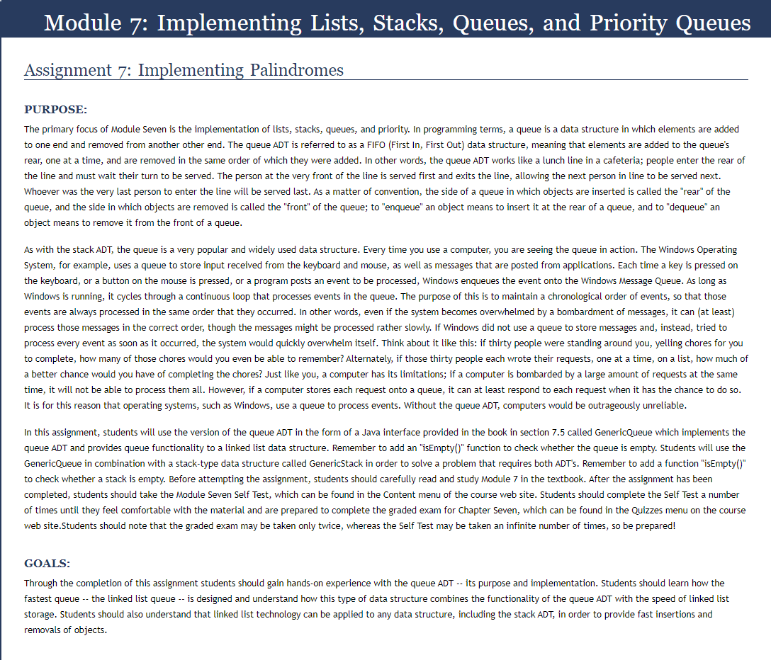 Solved Module 7: Implementing Lists, Stacks, Queues, And | Chegg.com