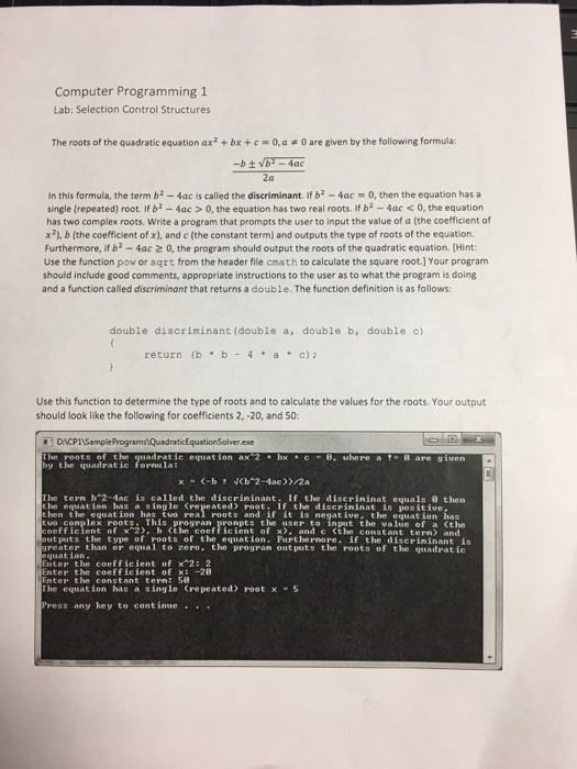 Solved Computer Programming 1 Lab: Selection Control | Chegg.com