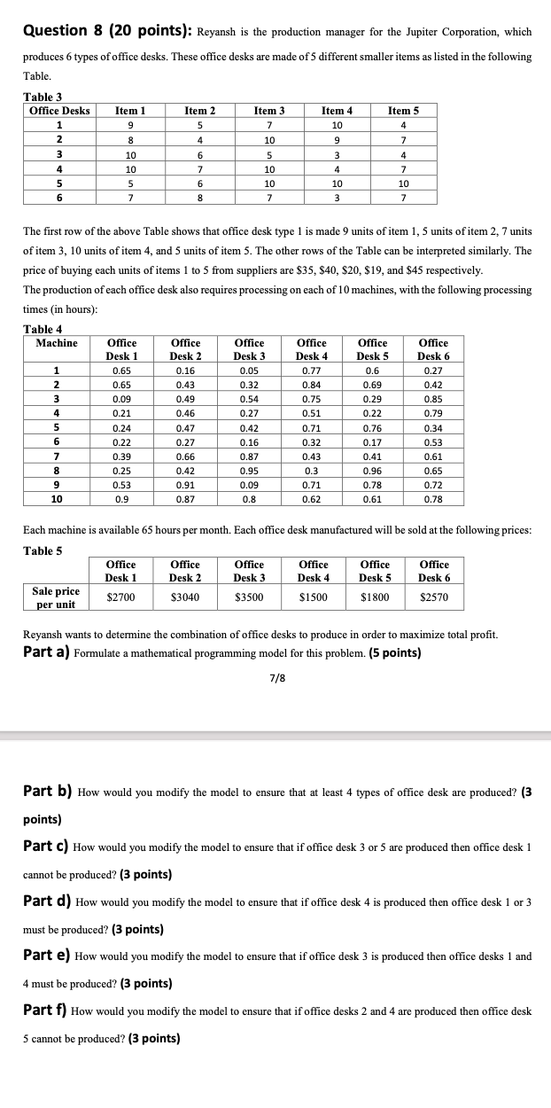 Solved Question 8 (20 points): Reyansh is the production | Chegg.com