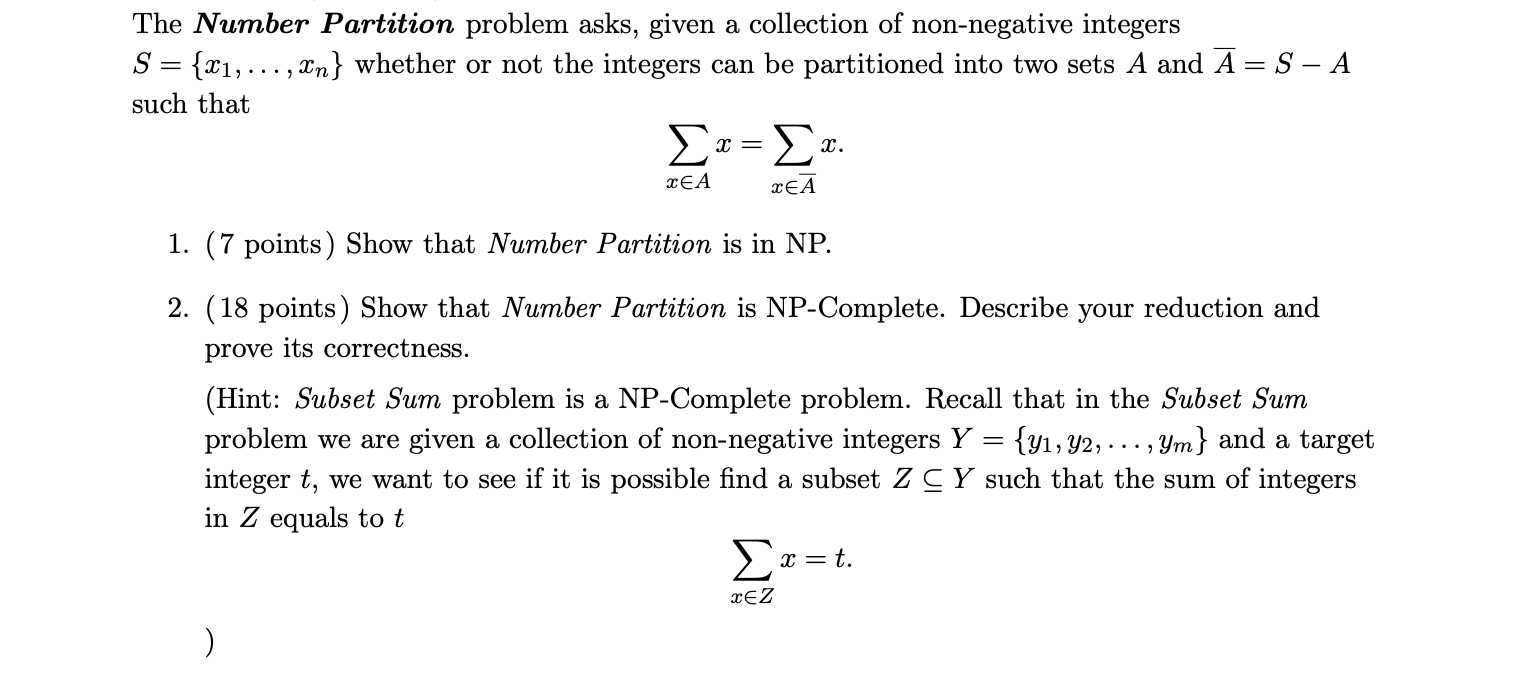 The Number Partition problem asks, given a collection | Chegg.com
