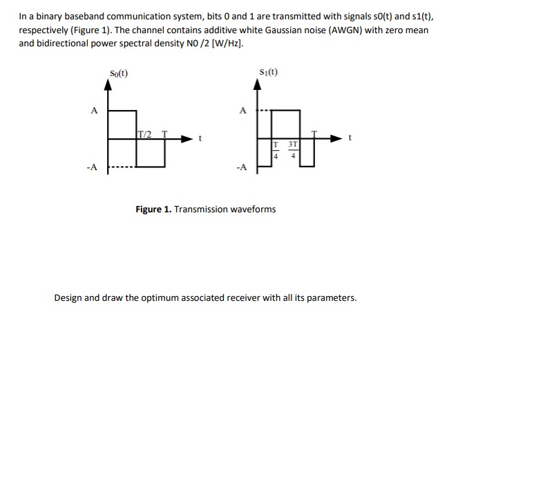 In a binary baseband communication system, bits 0 and 1 are transmitted with signals \( \mathrm{s}(\mathrm{t}) \) and \( \mat