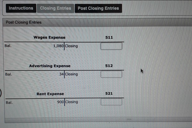 Instructions Closing Entries Post Closing Entries | Chegg.com