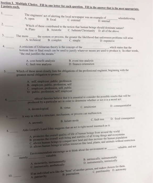 Solved Section I. Multiple Choice. Fill in one letter for | Chegg.com