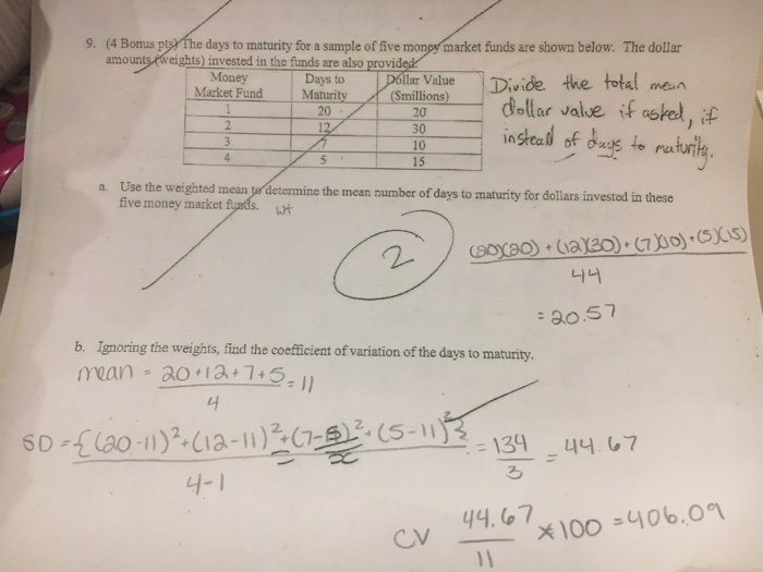 Solved The days to maturity for a sample of five money