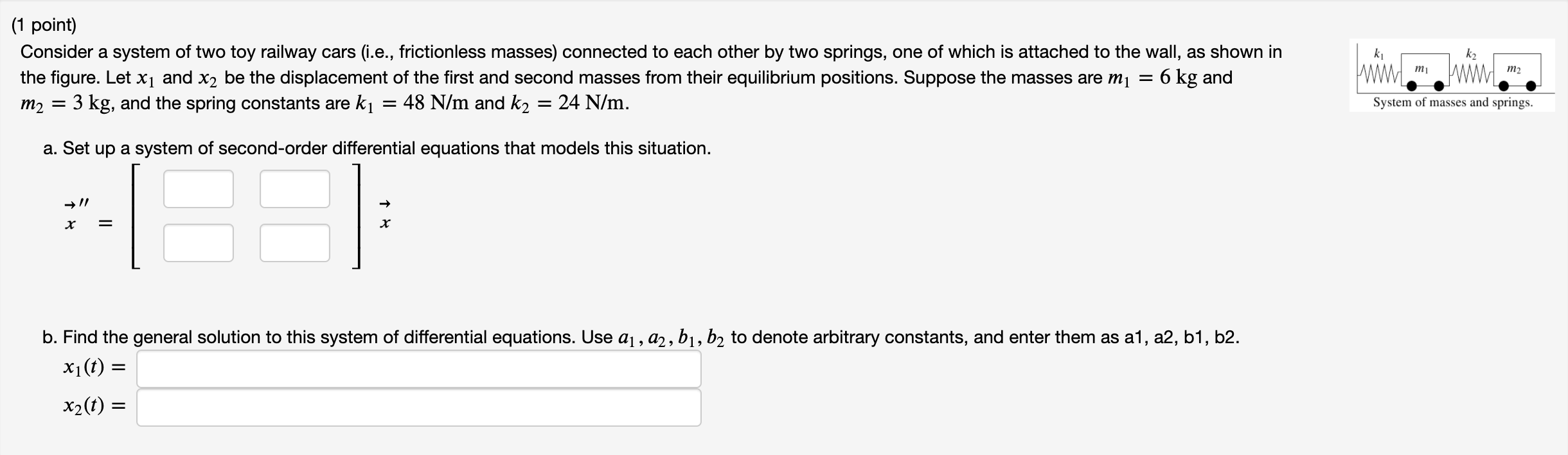 Solved (1 point) Consider a system of two toy railway cars | Chegg.com