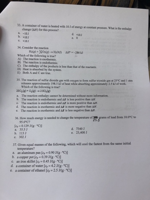 Solved 33. A Container Of Water Is Heated With 10 J Of 