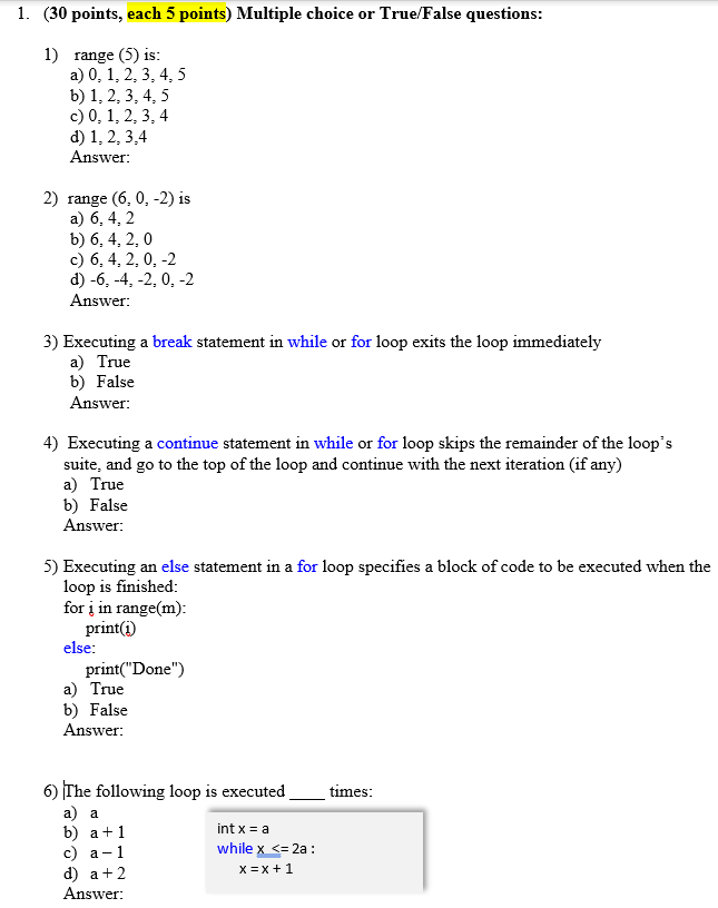 Solved 1. (30 points, each 5 points) Multiple choice or | Chegg.com