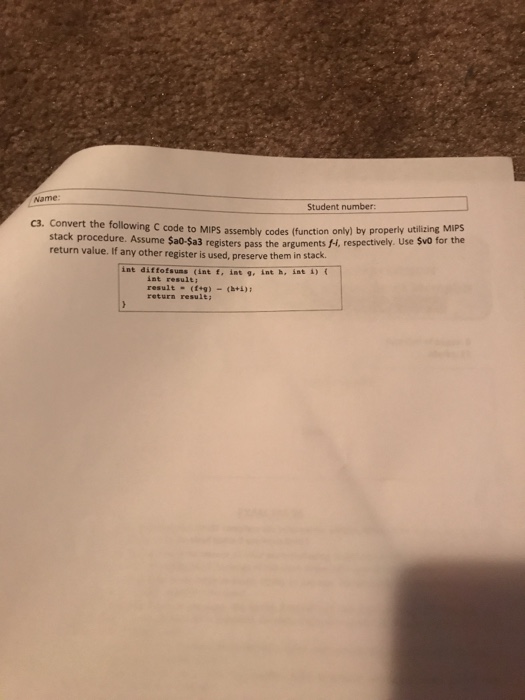 Solved Name Student number: c3. Convert the fllowing C code | Chegg.com