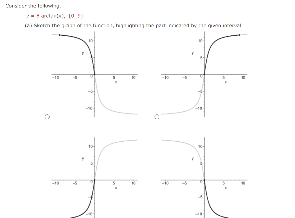 Consider the following.
\[
y=8 \arctan (x),[0,9]
\]
(a) Sketch the graph of the function, highlighting the part indicated by 