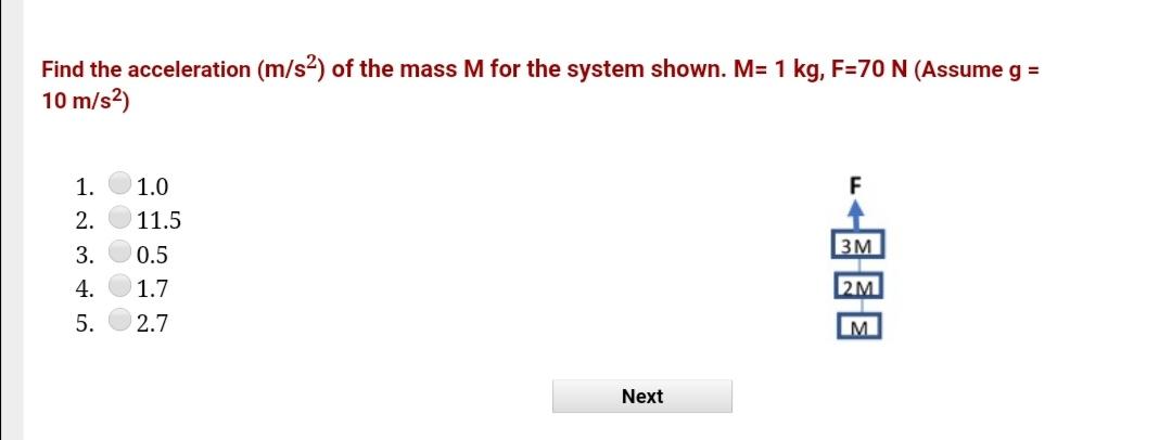 Solved Find the acceleration (m/s2) of the mass M for the | Chegg.com