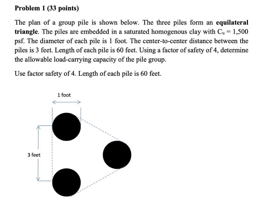 Problem 1 (33 points)
The plan of a group pile is shown below. The three piles form an equilateral triangle. The piles are em