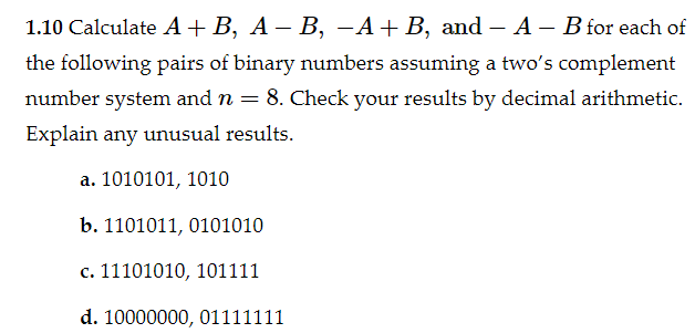 1.10 Calculate A + B, A, B, -A+B, And – A – B For | Chegg.com