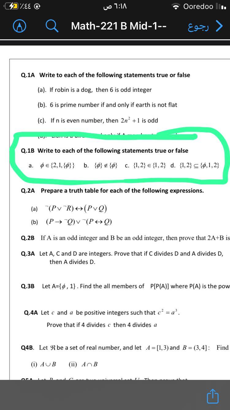 Solved Q.1A Write To Each Of The Following Statements True | Chegg.com