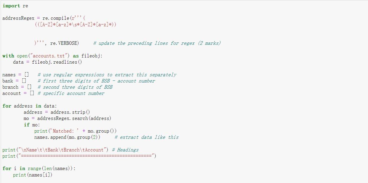 Solved Complete the code to read in names and accounts from | Chegg.com