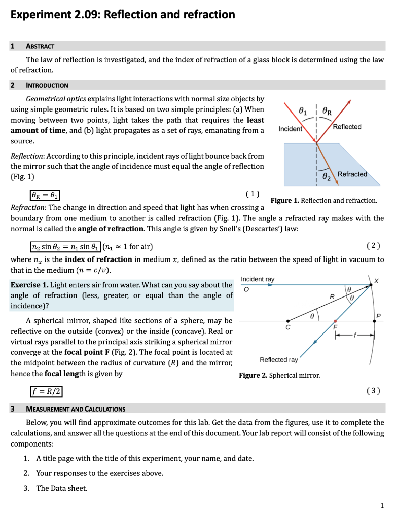 Solved Experiment 2.09 Reflection and refraction 1 ABSTRACT
