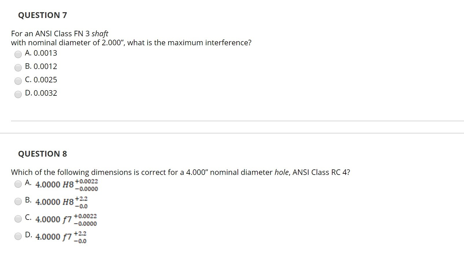 Solved QUESTION 7 For an ANSI Class FN 3 shaft with nominal | Chegg.com