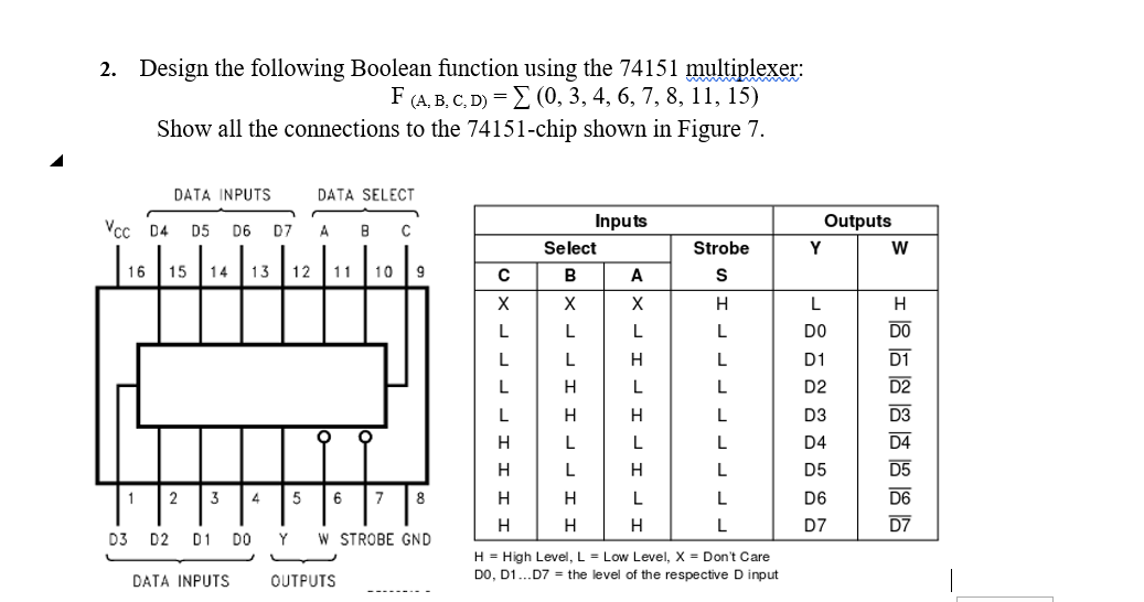 2. Design the following Boolean function using the 74151 multiplexer: F (A,...