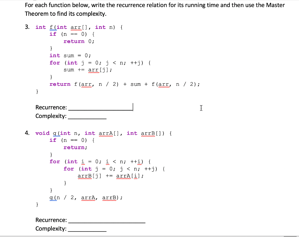 Solved For each function below, write the recurrence | Chegg.com