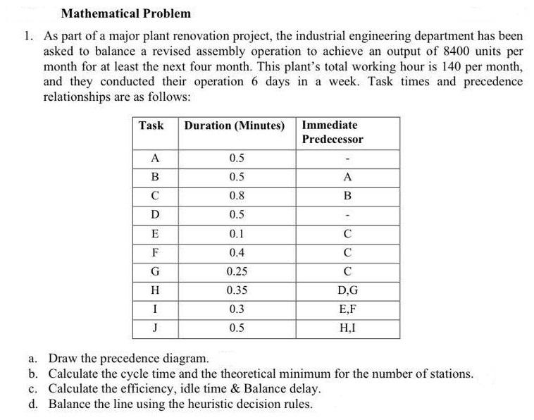 Solved Mathematical Problem 1. As part of a major plant | Chegg.com