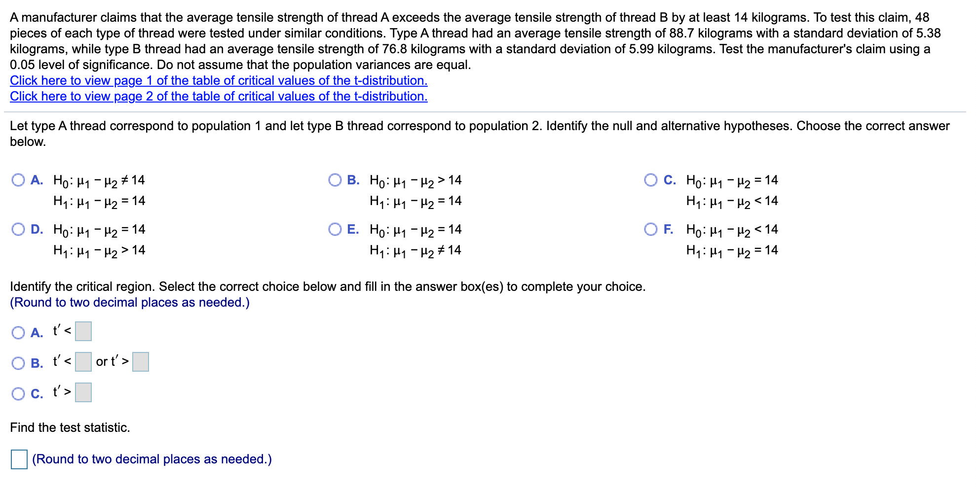 Solved A manufacturer claims that the average tensile | Chegg.com
