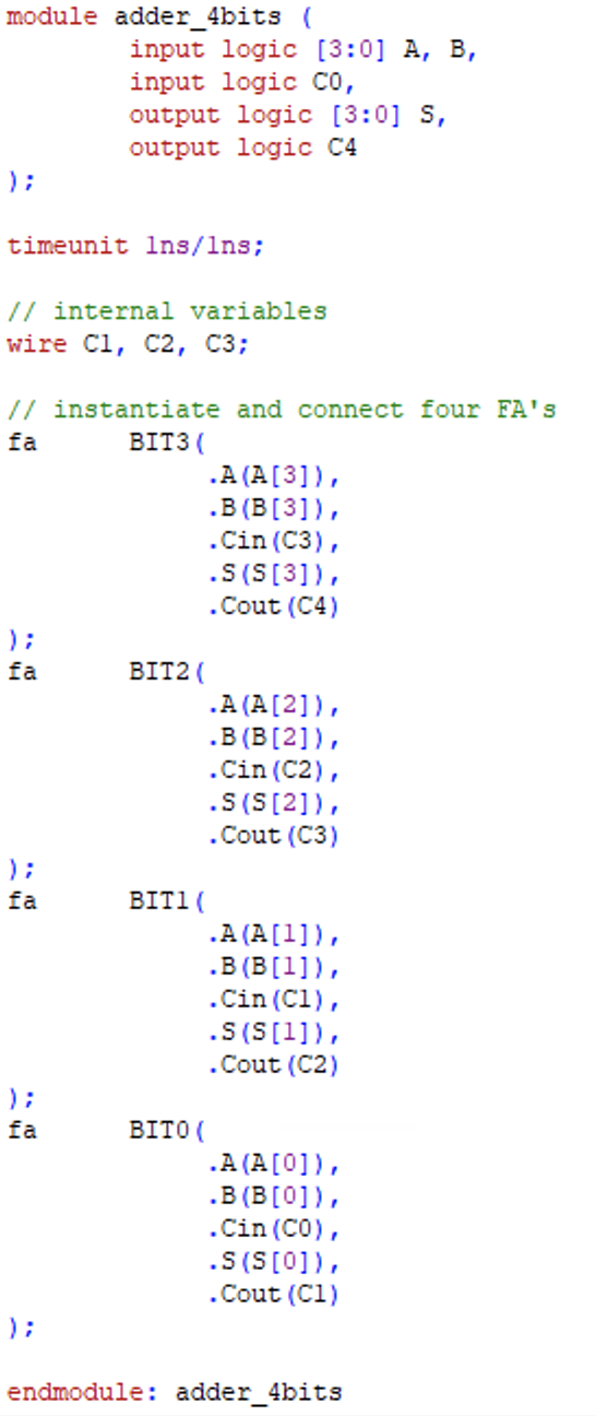 Solved module adder_4bits ( input logic (3:0] A, B, input | Chegg.com